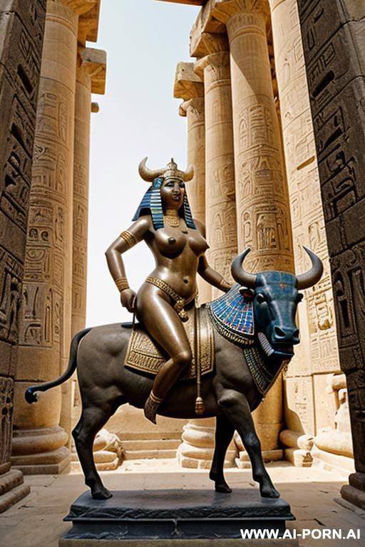 ancient naked chubby egyptian female temple servant with shaved vagina rides on a stone sculpture of a bull - #main