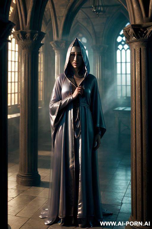 (closeup) (famous fictional wizard castle) (famous fictional smart wizard woman) (transparent wizard robes) (peeking from behind column) - #main