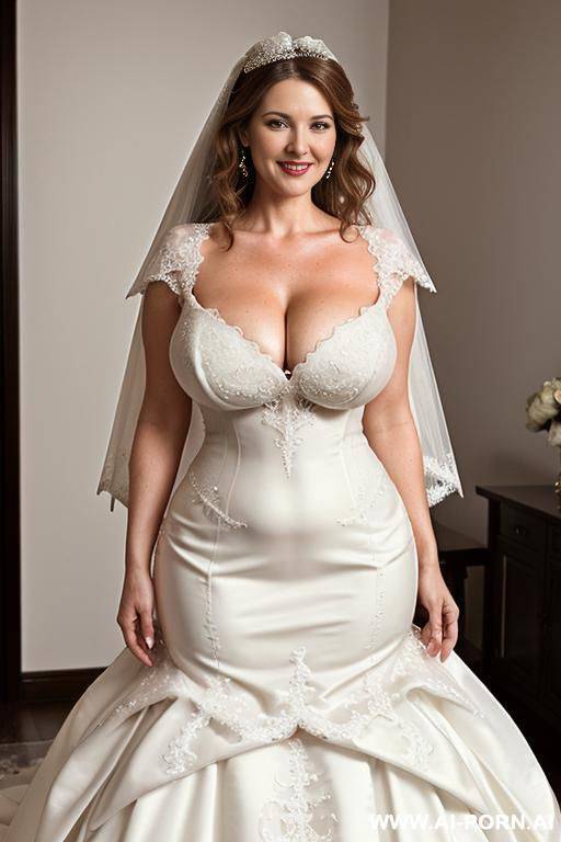 (((wide hips))) rounded, ((hourglass)) body, narrow waist, gigantic boobs, deep cleavage, natural beauty, nice smile, eye contact, curly long hair, tight belly, lipstick. - #main