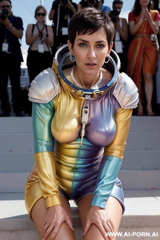 (((full body shot))), hoop earings, (stylish pixie haircut), (most beautiful women ever), (sexy milf), photorealistic image of an alluring sitting seductively on stone stairs, showing pussy, (legs - #main