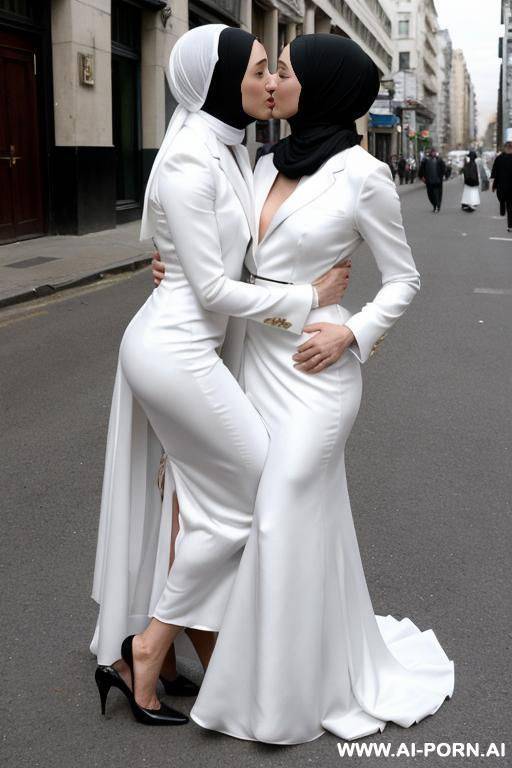 two lesbian womans in hijabs, on the street, the first in a black tuxedo, the second in a white wedding dress with a ring on her finger - #main
