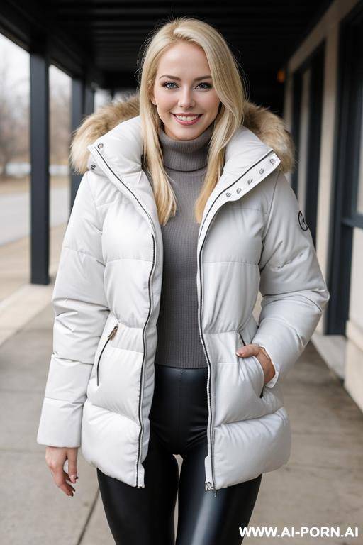blonde women wearing a puffy jacket and leggings - #main