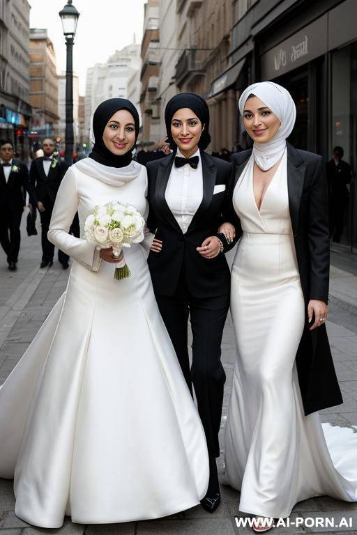 two lesbian womans in hijabs, on the street, the first woman in a black tuxedo, the second woman in a white wedding dress with a ring on her finger - #main