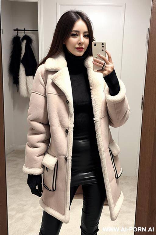 woman long winter jacket with sheepskin coat selfie photo the mirror - #main