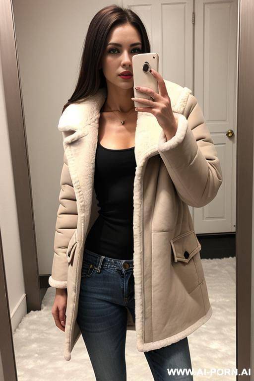 woman jeans long winter jacket with sheepskin coat selfie photo in the mirror - #main