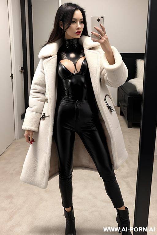 woman black leather pants long winter jacket with sheepskin coat selfie photo the mirror - #main