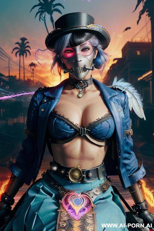 ((((masterpiece)))), (((woman sitting))), (glowing red eyes), (long blue purple and white hair with a flower), ((crop top white collar shirt with red tie)), ((((flaming angel wing)))), ((navy formal - #main