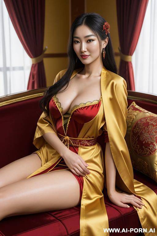realistic mongolian woman, happy, beautiful natural boobs, beautiful natural body, ochre yellow royal robes with red, red royal lingerie, in a harem, on a couch - #main
