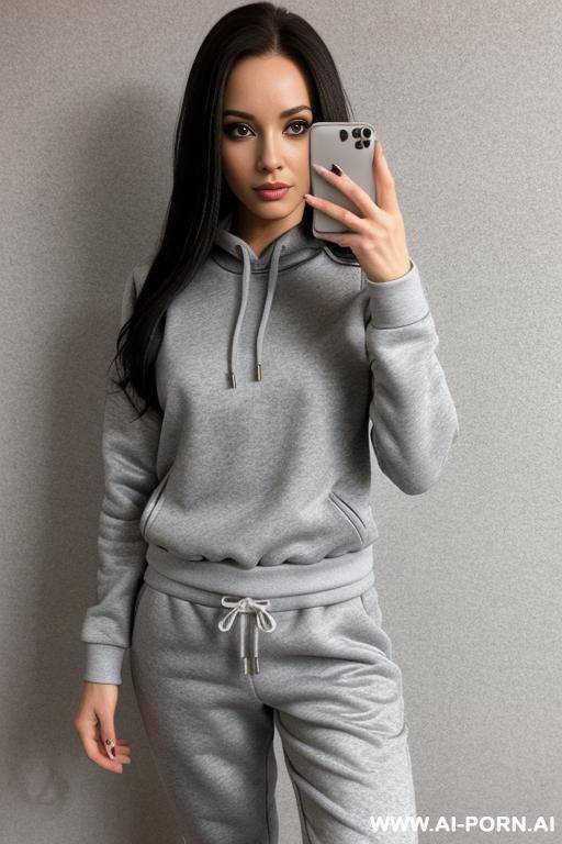woman gray tracksuits long sweatshirt selfie - #main
