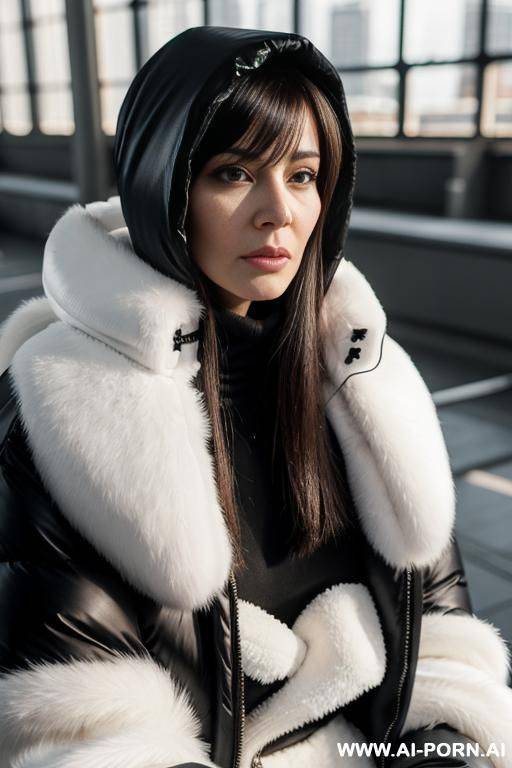 black puffer coat with white fur hood around the face, - #main
