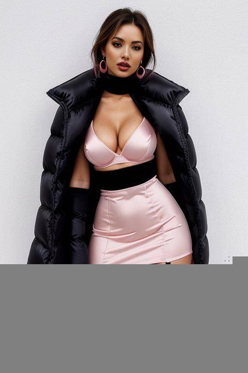 pink cropped puffer down jacket ,show naked boobs, no bra, black satin tango panties, white cotton tight bodycon dress, black sexy stockings - #main