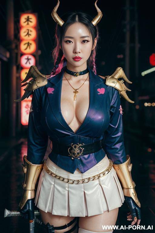((perfect quality masterpiece)), ((( kawaii korean woman))), ((high quality kawaii face)), ((horns, flaming angel wings, and scorpion tail)), (short purple and white twin braided hair), ((pink heart - #main