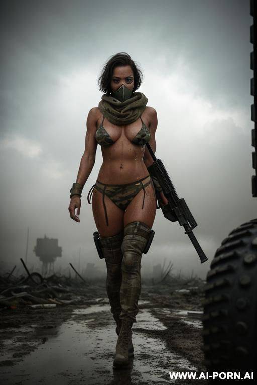 at nigth , apocalyptic city , cloudy sky fog battle city , atomic bomb explosions landscape , horizont looking , walking sexy pose , mud-stained body , camouflage thong , topless huge tits - #main