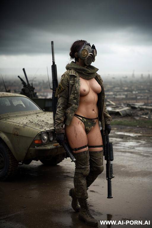 at nigth , apocalyptic city , cloudy sky fog battle city , atomic bomb explosions landscape , side view horizont looking , walking sexy pose , mud-stained body , camouflage thong , topless - #main