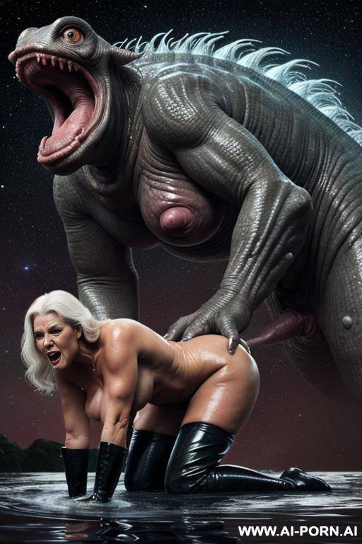 two characters in the picture: granny sexy bimbo and monster (male extraterrestrial creature); heavy rainstorm (a lot of water around), lightning; huge male extraterrestrial creature (very impressive) - #main