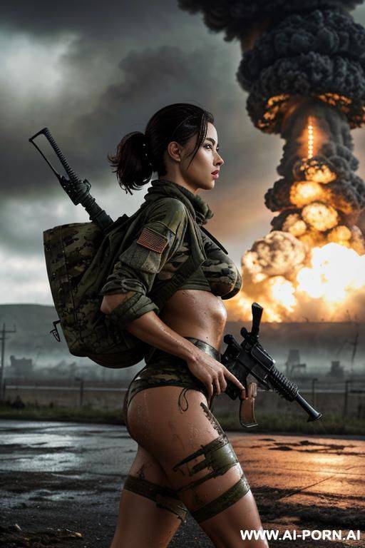 at nigth , apocaliptic town , cloudy sky fog battle city , atomic bomb explosions landscape , side view horizont looking , walking sexy pose , mud-stained oíl body , camouflage thong , - #main