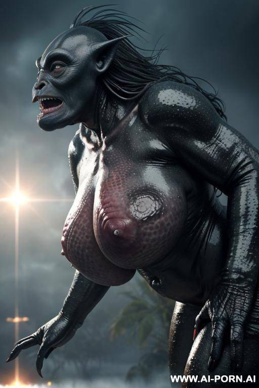 two characters in the picture: granny and monster (male extraterrestrial creature); tropical jungle, heavy rainstorm (a lot of water around), lightning; huge male extraterrestrial creature (very - #main