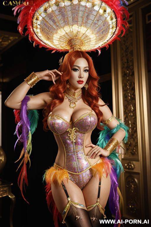 chinese, rainbow feather studed bright diamond transparent corset，feather tutu skirt， mesh robe， rainbow sequin bra ,necklace，rainbow large pointed thigh-high boots - #main