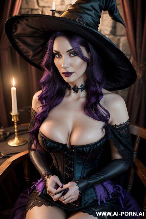 ((massive breasts)), wide hips, v-tappered abs, light muscle definition, thick voluminous hair, lo g wavy hair, dark purple hair, seductive eyes, eye contact, ((purple corset dress)), (cleavage), (witch) - #main