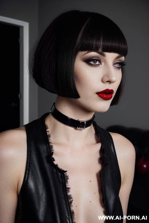 (goth), (dark eyeliner), (dark eyeshw), ((dark eyes)), (red lipstick), (cherry lips), ((chocker)), ((bobcut)), ((dark messy hair)), - #main