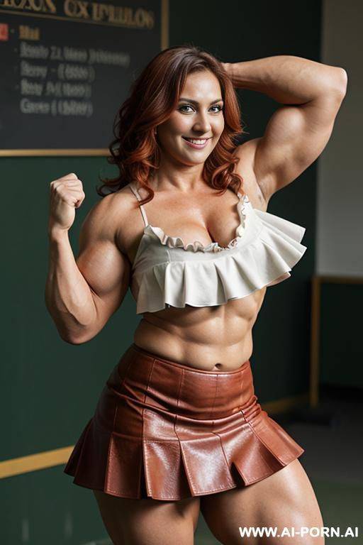 close up full body photo shot from front, stunningly beautiful, about at classroom, chubby very ((very obese)) redhead fat bbw curvy teacher, (((wearing a sexy and hot micro ruffle leather skirt, - #main
