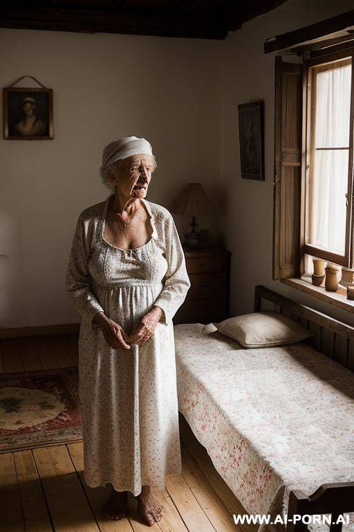 an elderly ukrainian woman from a remote village in the sumy region is getting ready for bed in a modest, rural home. it is evening, and the dim, m light of a single bulb fills the , - #main