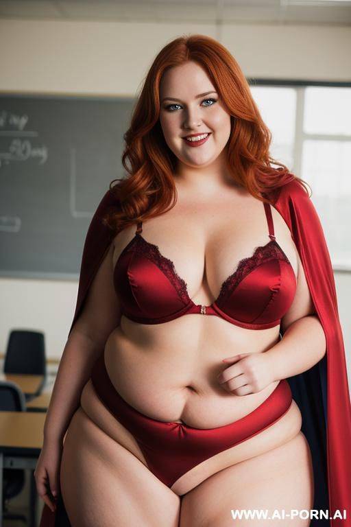 close up half body photo shot, about at classroom, chubby very ((obese)) redhead fat bbw curvy teacher, wearing a sexy and hot heroine (red and gold) suit, a flowing cape and a sleek eye mask and stocking, teaching to the classroom. - #main