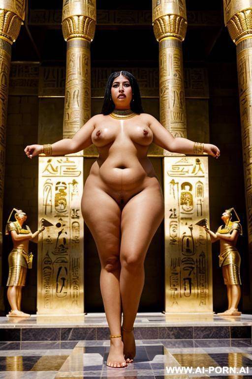 a chubby naked egyptian female temple servant stands in front of a golden egyptian shrine - #main