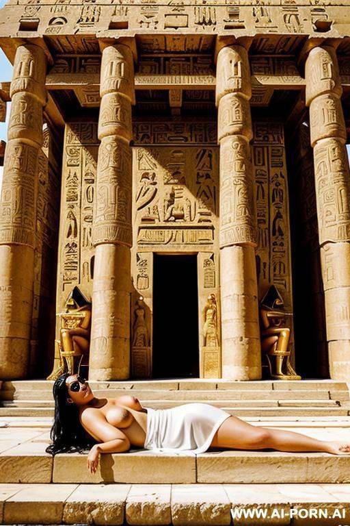a chubby naked egyptian female temple servant is laying on a golden egyptian shrine. by the shrine stands an egyptian priestess in a transparent white dress.. - #main
