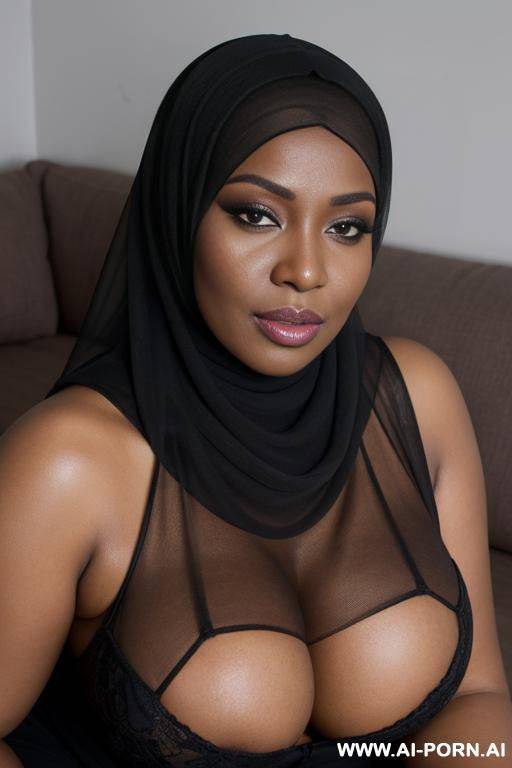 curvy black woman with large massive breasts wearing a transparent black hijab that covers her body, horny, seductive, sleepy eyes - #main