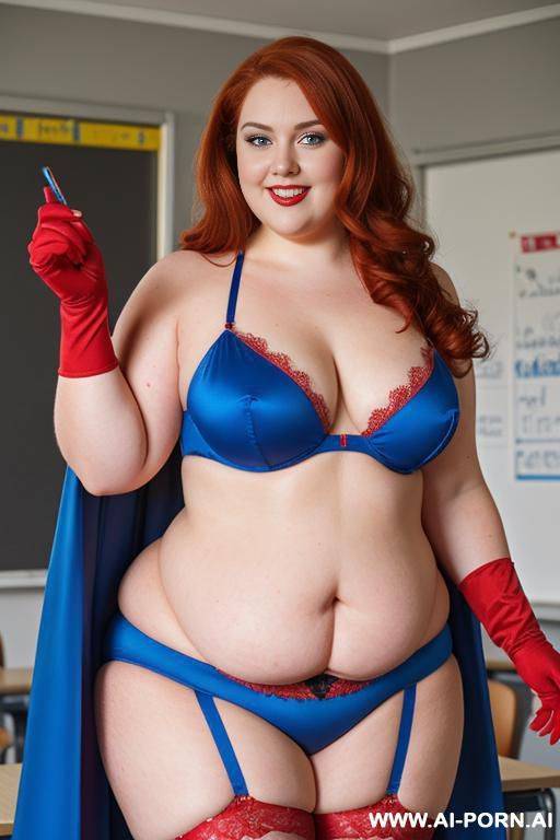 close up half body photo shot, about at classroom, chubby (( obese and with lovehandless)) redhead fat bbw teacher, wearing a hot heroine (red, blue and yellow suit), with a flowing cape and gloves, and stocking. - #main