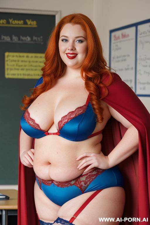 close up half body photo shot, about at classroom, chubby ((very obese)) redhead fat bbw teacher, wearing a hot heroine (red, blue and yellow suit), with a flowing cape and and stocking. - #main