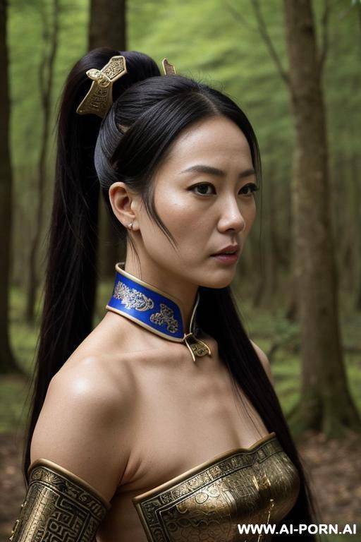 has a sword, medival chinese armor, pony tail, no nude, a lust and beautiful face, no nude - #main