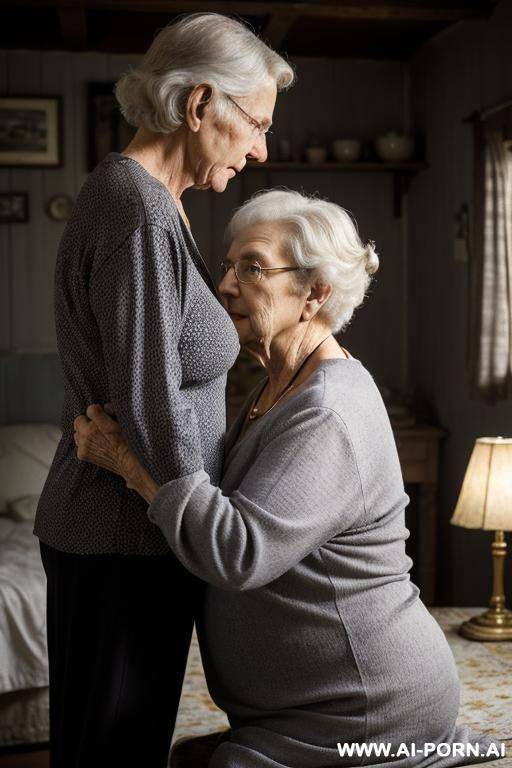 ((two!-distinct-people-in-the-frame!)): ((man!-with-a-photo-camera!)) and elderly-ukrainian-village-granny. scene takes place at night, in a rustic-room dimly-lit by soft-yellow-light from a ceiling-bulb. the ((man!)) - #main