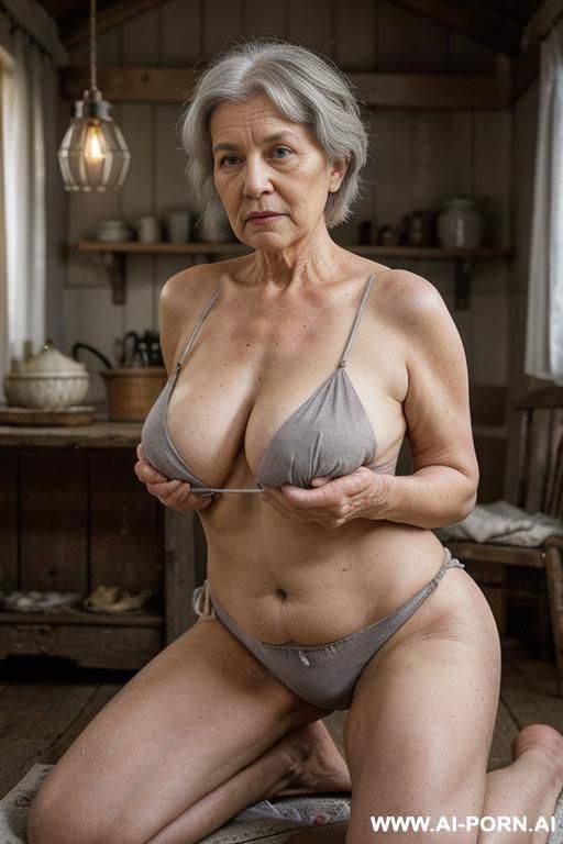 ((two distinct people in the frame!)) in the scene, a ((male photographer)) and an elderly ukrainian village granny are both fully visible. the setting is a rustic, dimly lit room at night. - #main