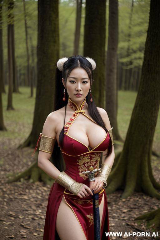 has a sword, medival chinese armor, pony tail, dress clothes, a lust and beautiful face, no nude - #main