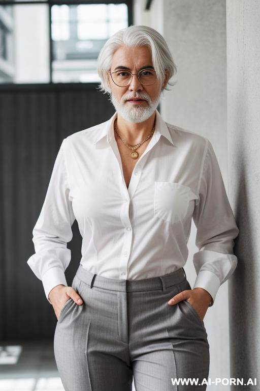 1 perman, wearing old round-frame glasses, grey pants, white shirt, white hair, white beard - #main
