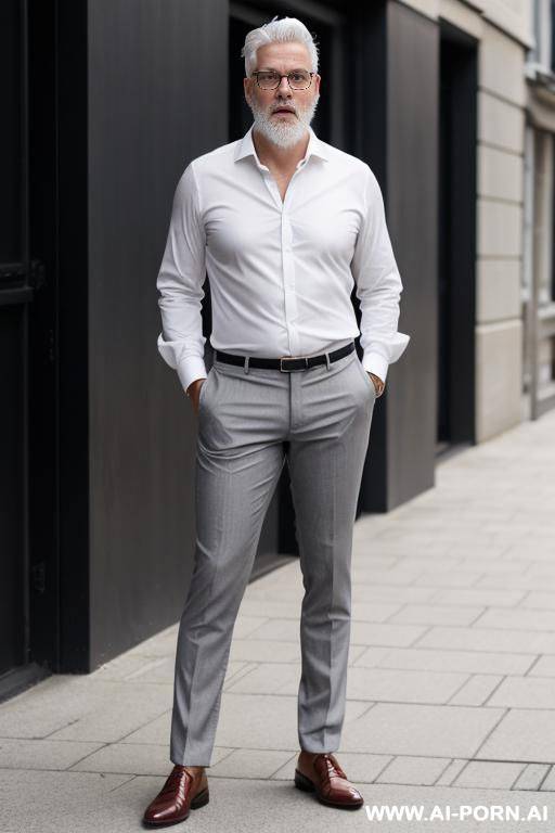 1man, wear a old glasses, grey trousers, white shirt, white hair, white beard - #main