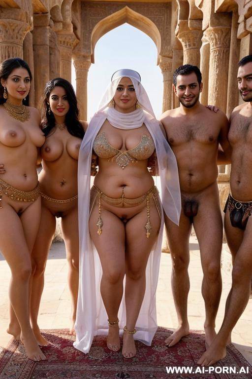 an ancient sheikh and his well dressed guests are inspecting a chubby full naked belly dancer with shaved vagina and veiled face - #main