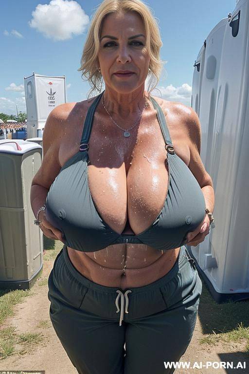 (((huge boobs))), (((massive boobs))), (((huge cleavage))), (((festival))), (((gilf))), (((american))), (((revealing outfit))), (((festival toilets))), (drenched in cum), (((portable toilet))) - #main