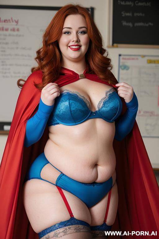 close up half body photo shot, about at classroom, chubby ((very obese and handlovess)) redhead fat bbw teacher, wearing a hot heroine (red, blue and yellow suit), with a flowing cape and gloves, and stocking. - #main