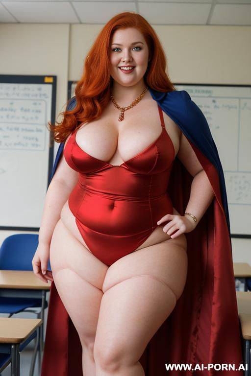 close up half body photo shot, about at classroom, chubby very ((obese)) redhead fat bbw curvy teacher, wearing a sexy and hot and sexy heroine red and gold suit with cape, teaching to the classroom. - #main