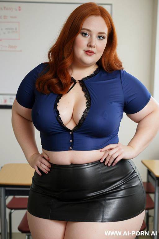 close up full body photo shot, about at classroom, chubby very ((very obese)) redhead fat bbw curvy teacher, wearing a sexy and hot micro ruffle leather skirt, and elegant top, teaching to the classroom. ((dynamic angle)), perfect face - #main