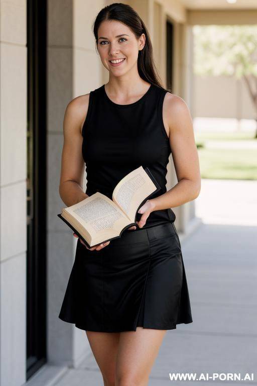 hot mormon missionary wearing black missionary name tag on a sleeveless shirt. she is wearing a shirt skirt and holding a book of mormon. she is nipping through the shirt - #main