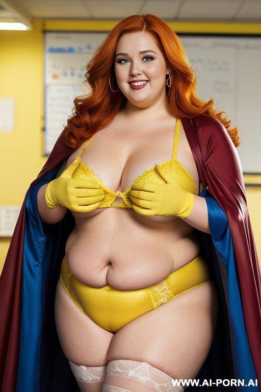 close up half body photo shot, about at classroom, chubby ((very obese and handlovess)) redhead fat bbw super-heroine comic, wearing a hot heroine (energy yellows colors suit), with a flowing cape and gloves, and stocking. - #main
