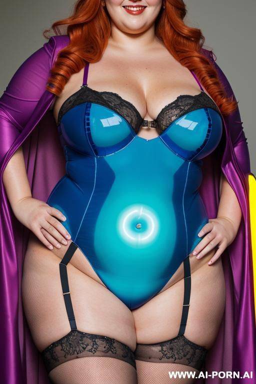 close up half body photo shot, about at classroom, chubby ((very obese and handlovess)) fat bbw super-heroine comic, wearing a hot heroine (((electric and luminous colors suit))), with a flowing cape and gloves, and stocking. - #main