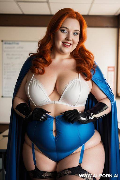 close up half body photo shot, about at classroom, chubby ((very obese and handlovess)) redhead fat bbw super-heroine comic, wearing a hot heroine (electric and luminous colors suit), with a flowing cape and gloves, and stocking. - #main