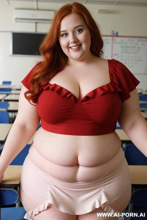 close up half body photo shot, about at classroom, chubby very ((very obese with lovehandless)) redhead fat bbw curvy teacher, wearing a sexy and hot micro red ruffle skirt, and elegant top, teaching to the classroom. - #main