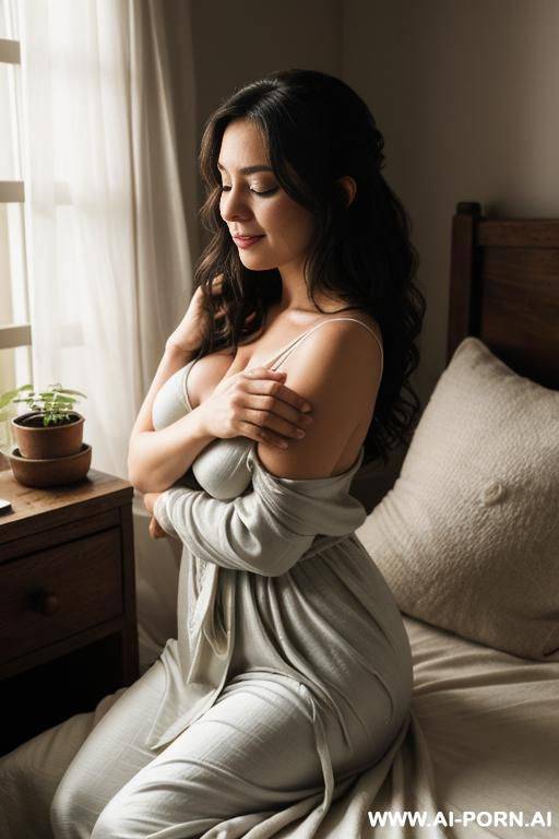 an amateur suburban elderly grandma, softly built with a natural fullness. she is semi-upright in bed, legs stretched out under the blanket, supported by pillows behind her back and a soft, - #main