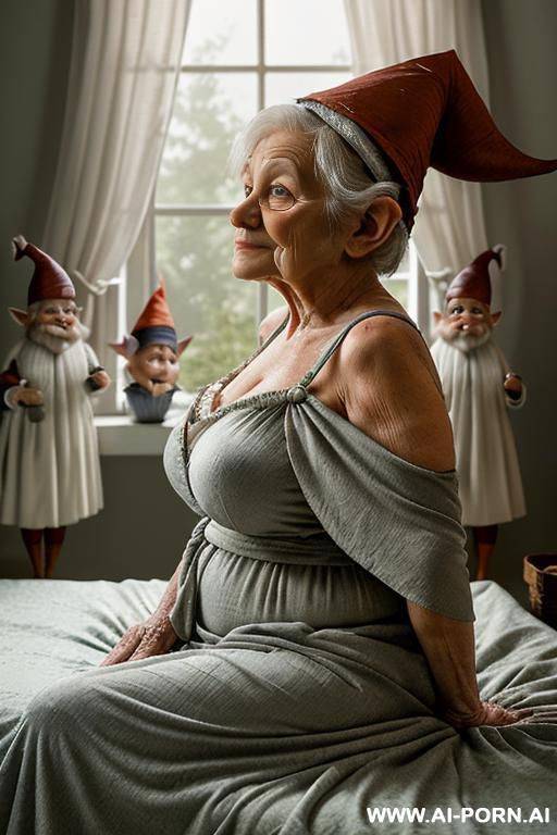 amateur suburban elderly grandma ((softly built with a natural fullness!)). she is (partially sitting up in bed!) (legs stretched out under the blanket!) ((supported by pillows behind her back!)) - #main